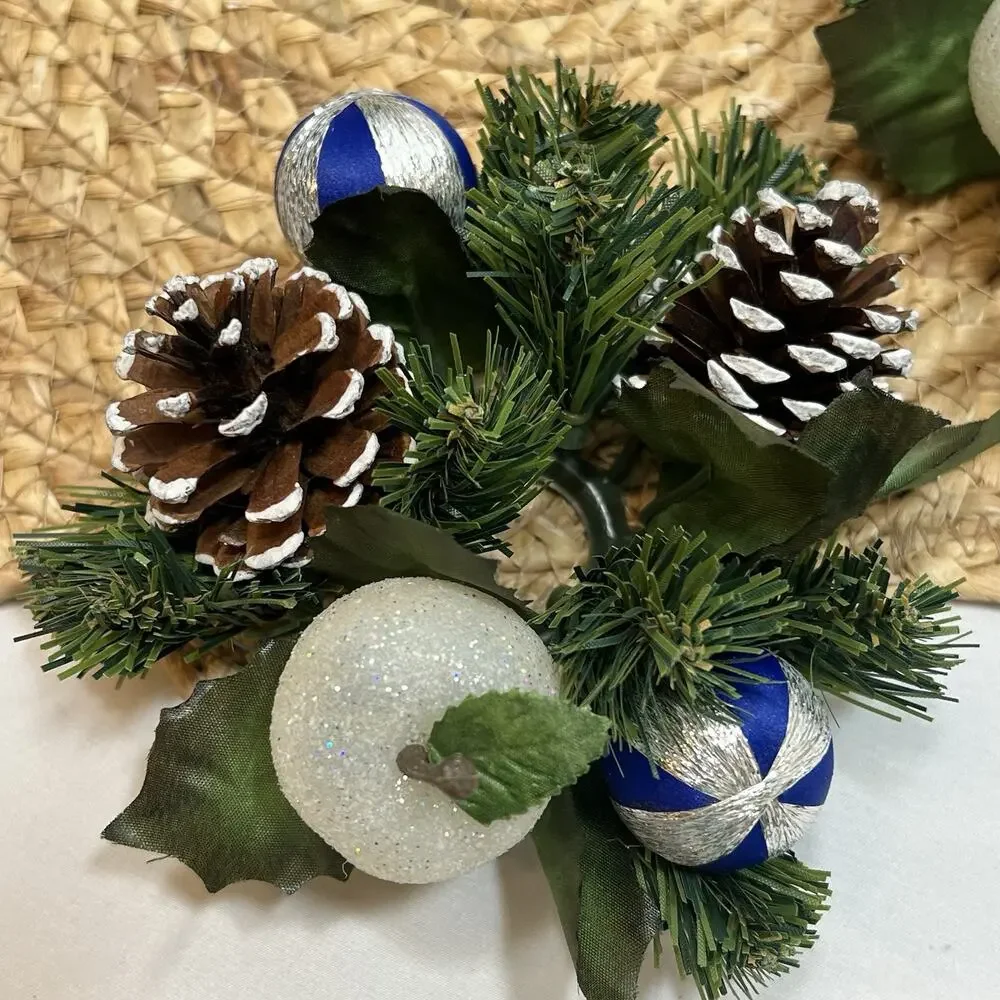 Vintage Set of 2 Blue & Silver Apple Pinecones Satin Ball Taper Candle Rings